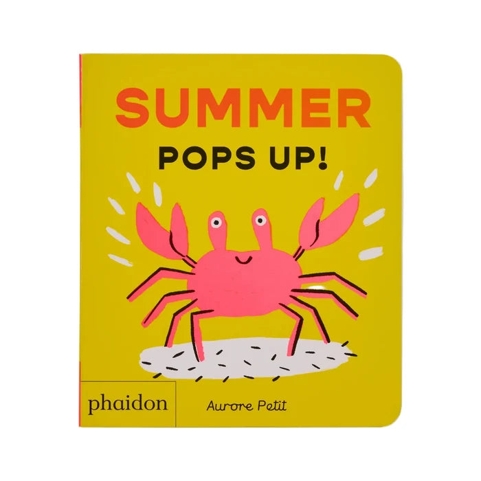 Book cover with a pink crab illustration and 'Summer Pops Up!' text on a yellow background