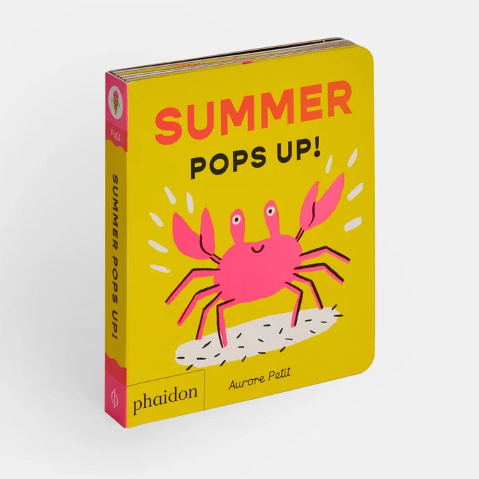 Book titled 'Summer Pops Up!' with a pink crab illustration on a yellow background