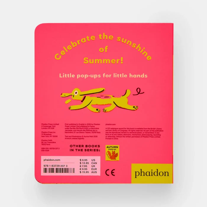 Book cover with pink background and yellow text and illustrations, featuring a dog.