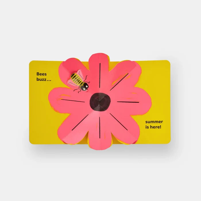 Flower-shaped pop-up with a bee illustration and text on a yellow background