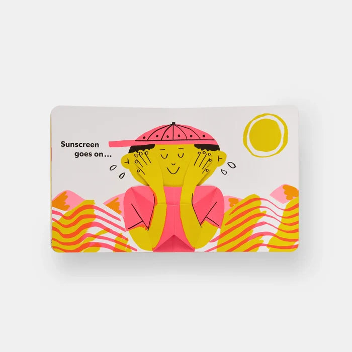 Book with cartoon character applying sunscreen and sun illustration on a white background