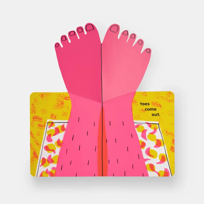 Card with pink feet and yellow background on a white background